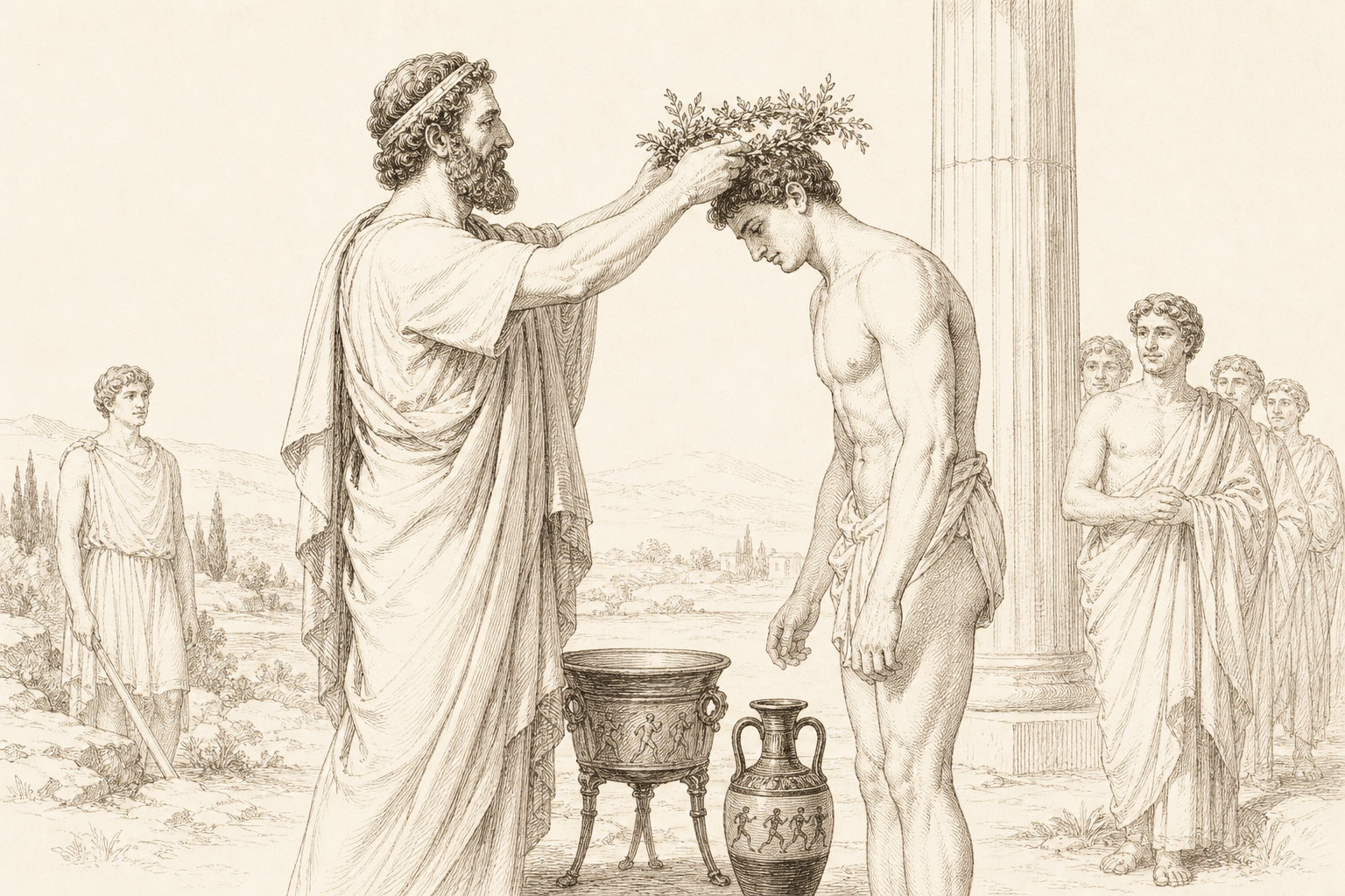 A victor at the ancient Nemean Games being crowned with a wreath of wild celery — the same plant that also wreathed the dead.