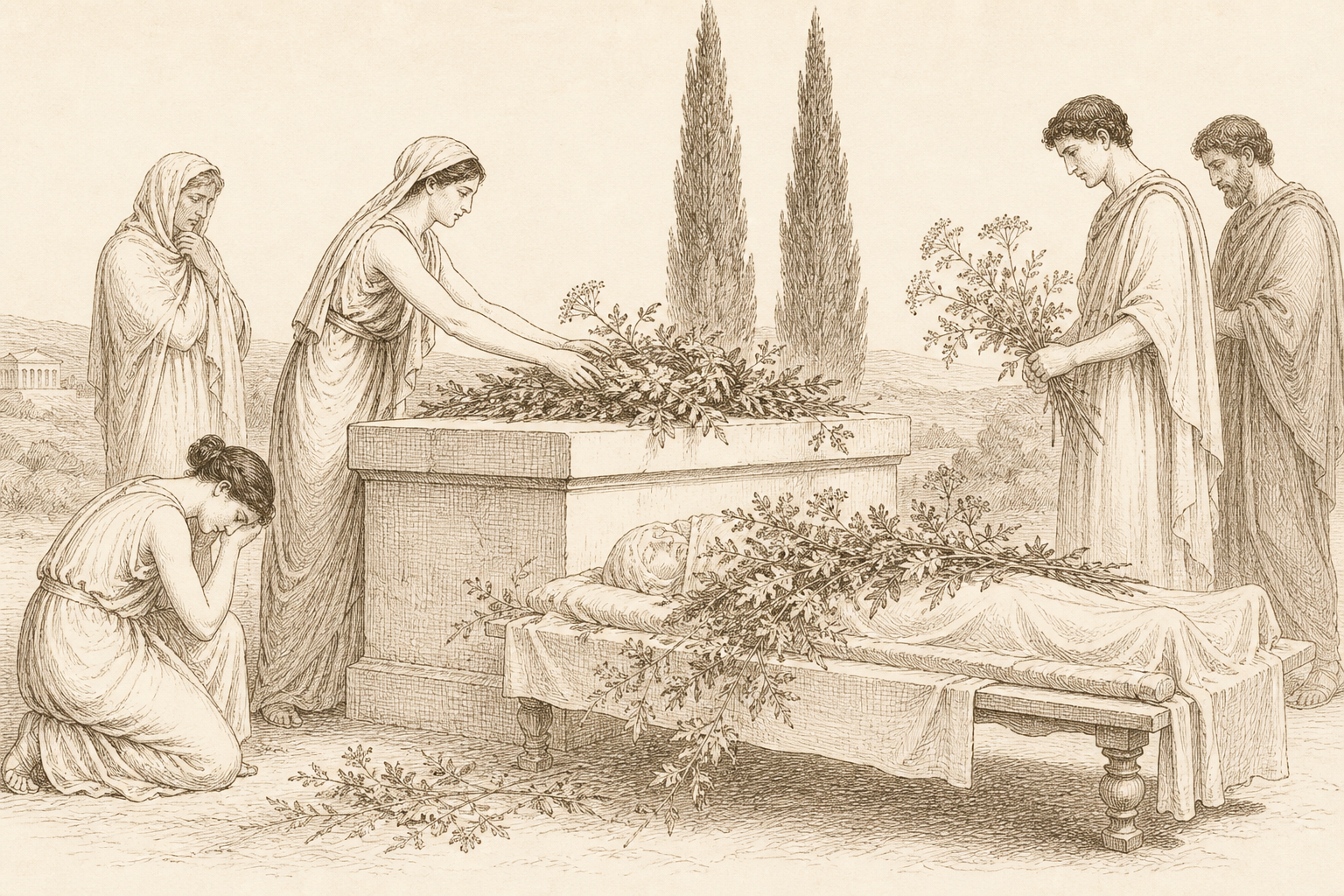Mourners laying wild celery on a grave in ancient Greece — celery as the plant of the dead, the other half of its double life.
