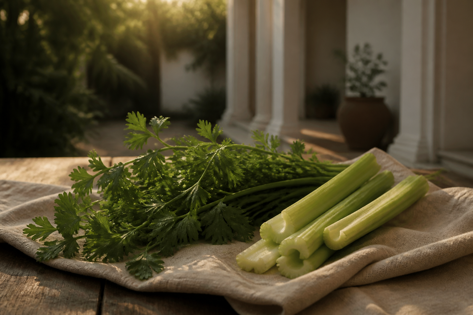 Bundles of slender Chinese celery with their leaves, and a few pale cut stalks, resting on warm linen in low golden-hour light.