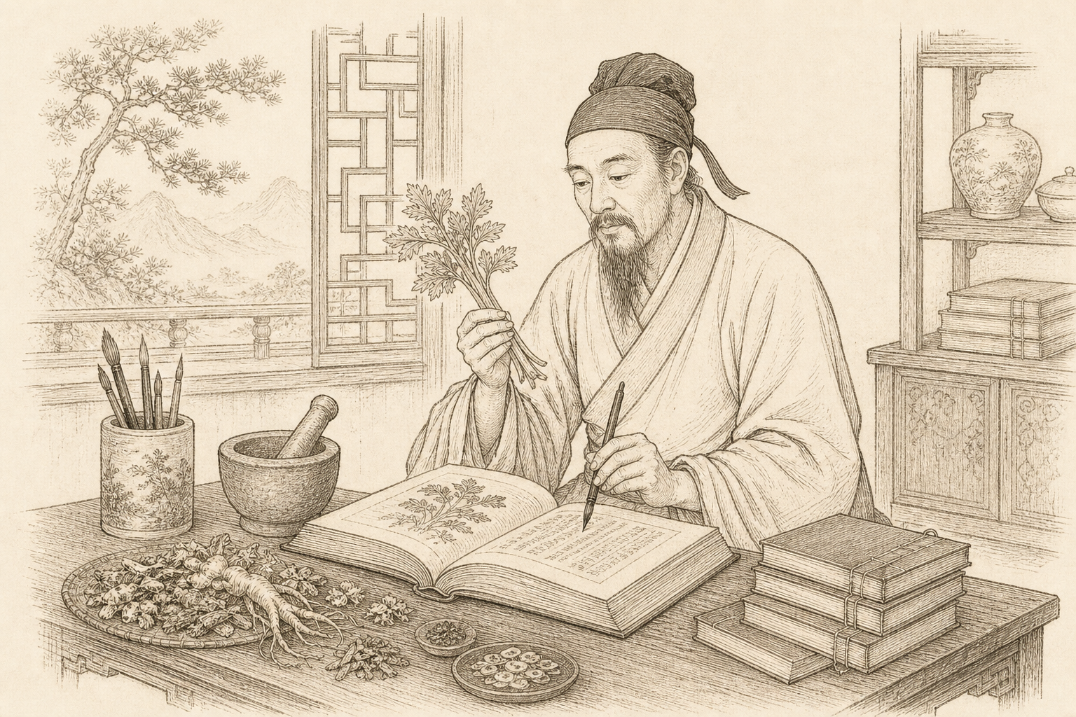 A Ming-dynasty physician reading celery's cooling nature and recording it in the Compendium of Materia Medica.