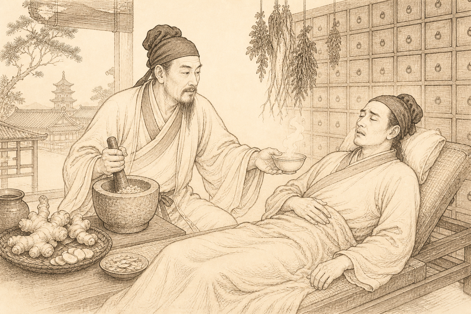 A sepia engraving of a Tang-dynasty physician grinding fresh ginger and giving a bowl of ginger decoction to a queasy, reclining patient — the sage's remedy for the vomiter.