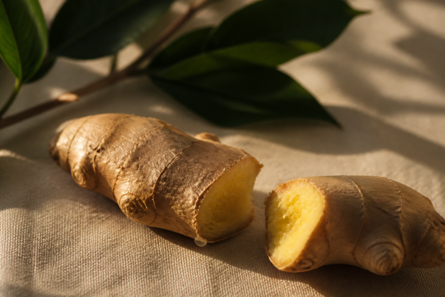 A knob of fresh ginger snapped in half on pale linen, its pale-gold fibrous flesh and a bead of juice catching low golden light.