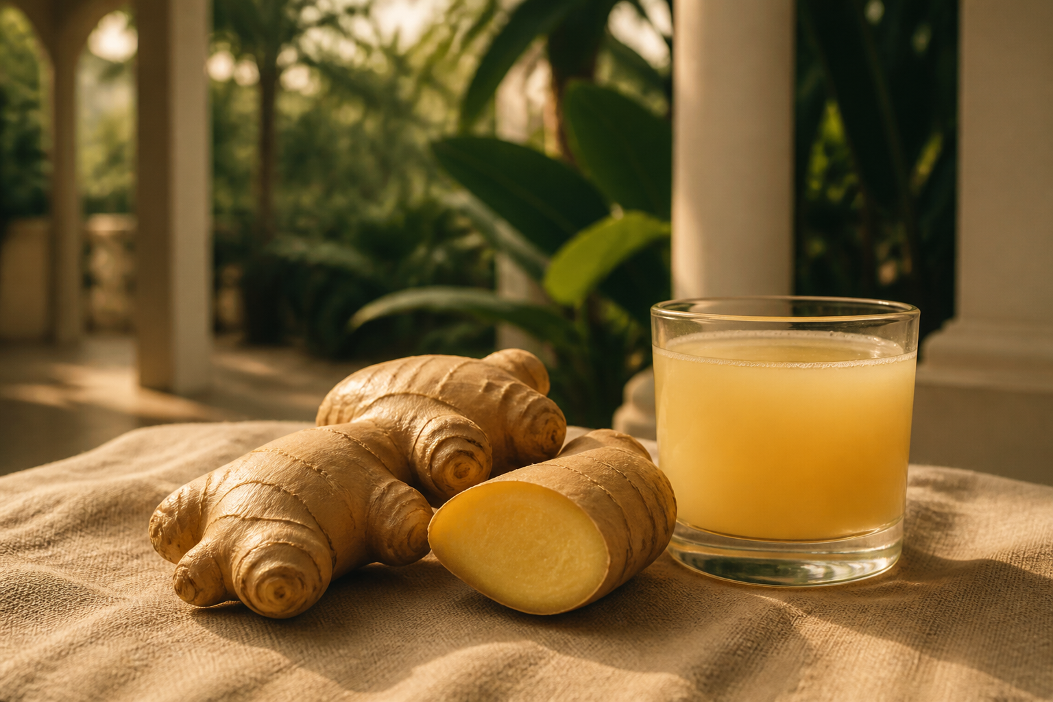 Fresh ginger rhizomes and a glass of freshly pressed ginger juice on linen in golden courtyard light