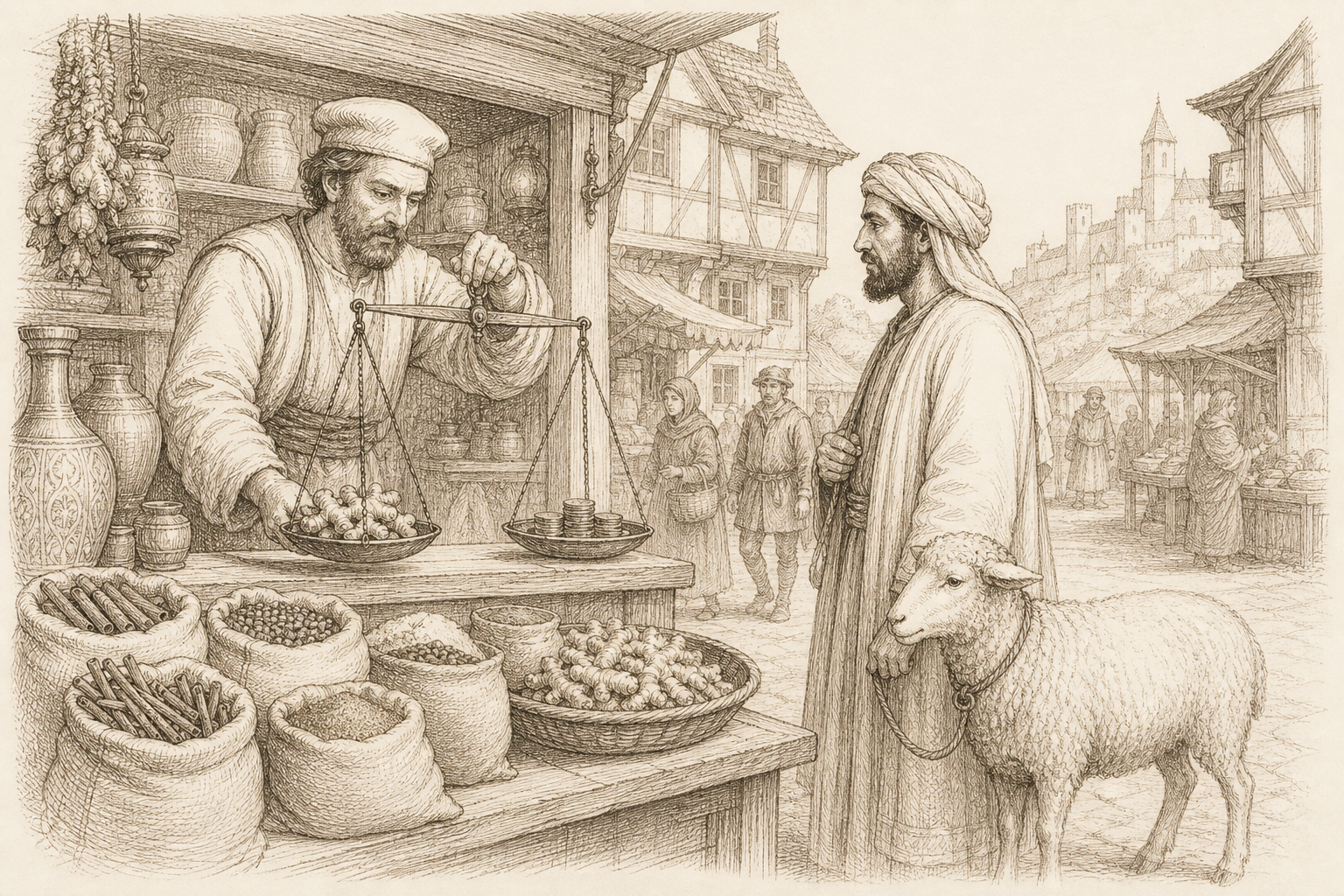 A sepia engraving of a medieval spice merchant weighing dried ginger against coins on a balance, a tethered sheep beside the stall — ginger once worth its weight in a sheep.