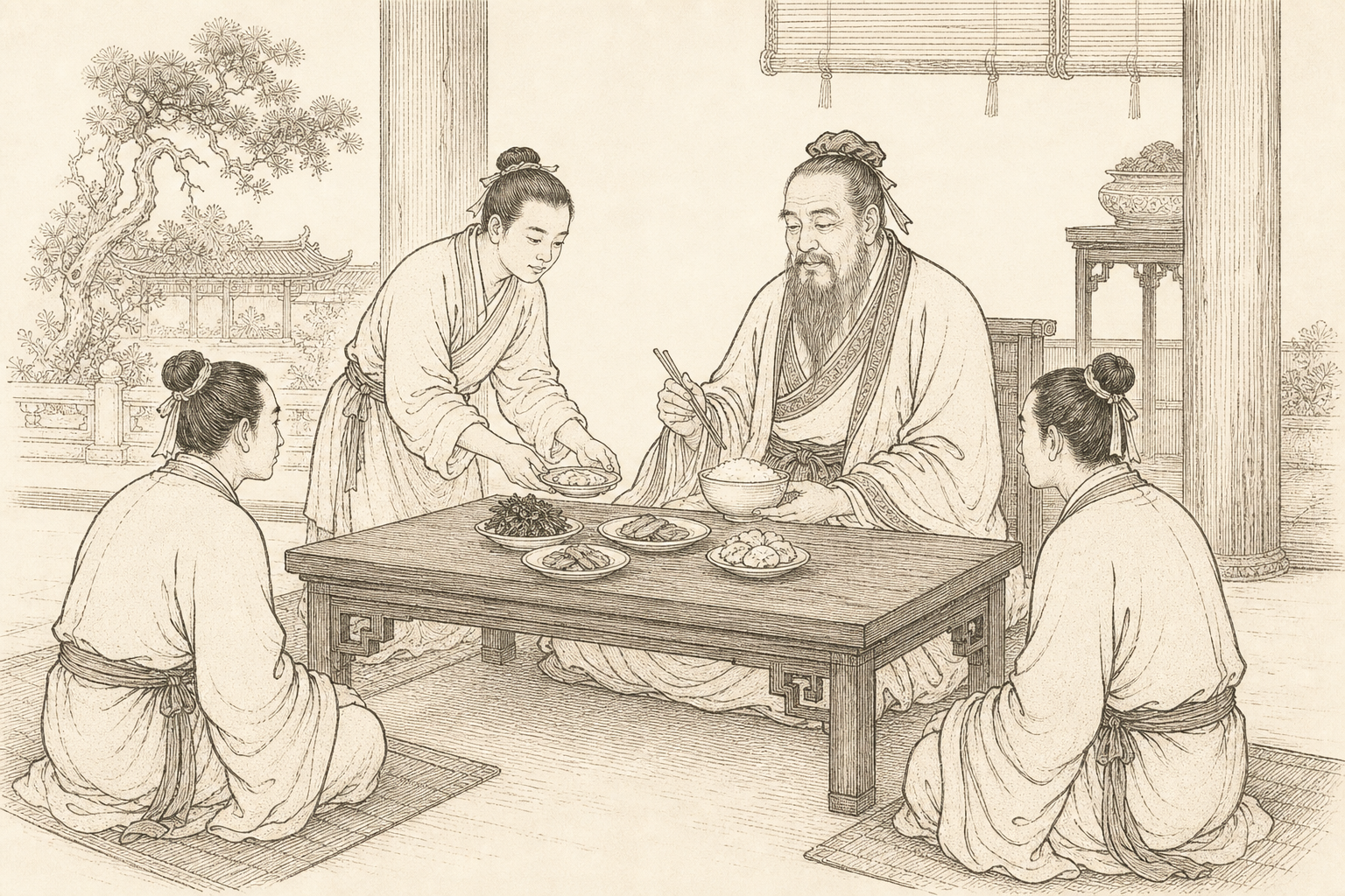 A sepia engraving of Confucius seated at his table with a small dish of sliced ginger among his food, disciples nearby — the philosopher who kept ginger at every meal but ate little.