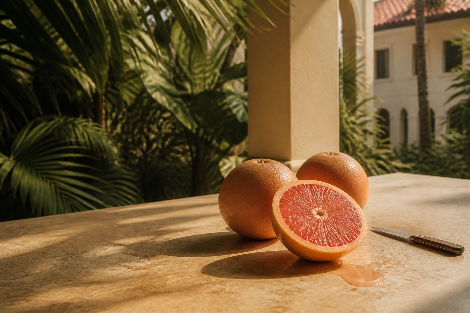 Whole and halved pink grapefruit on warm pale stone in low golden light, coral flesh beaded with juice.