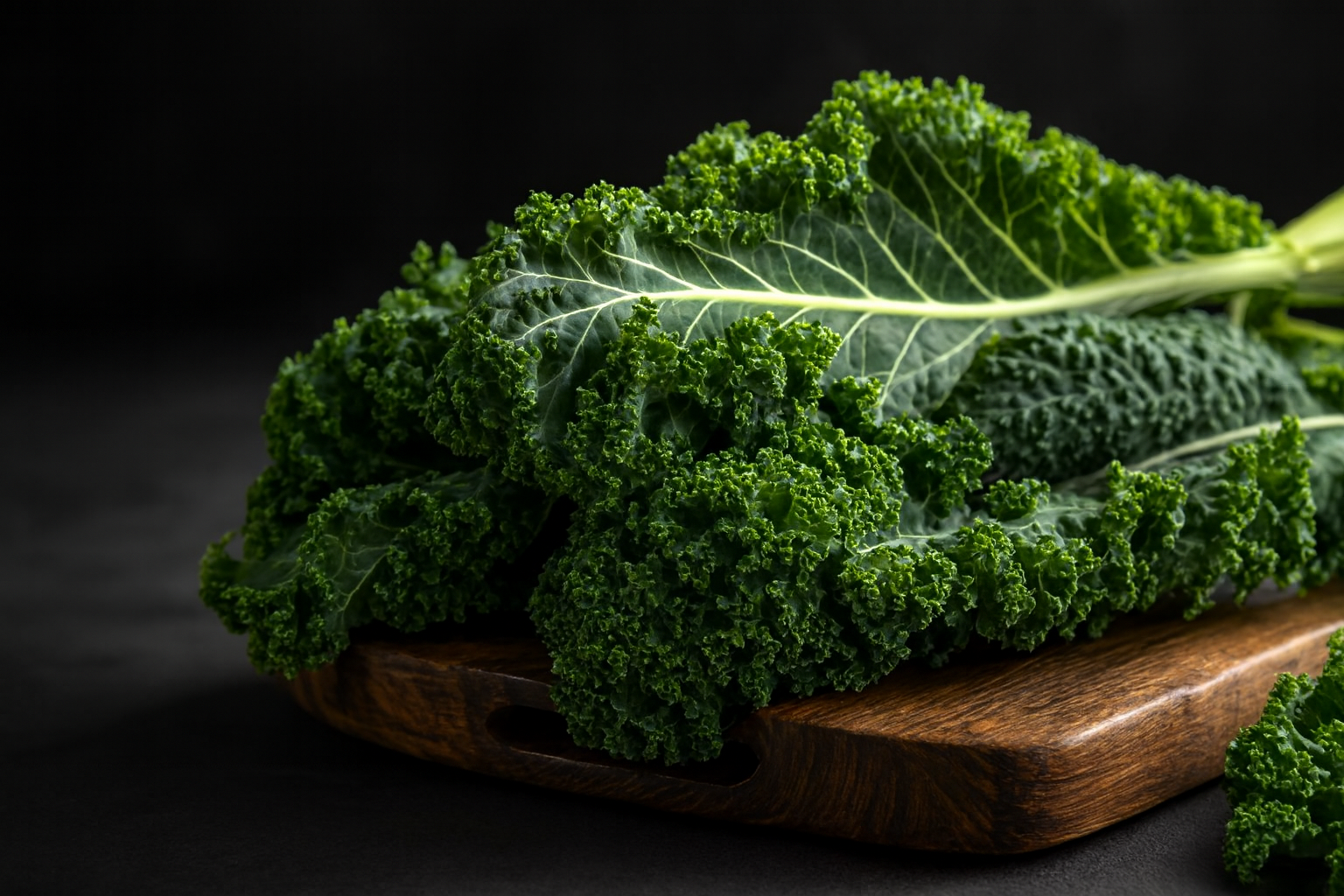Fresh, vibrant curly kale on a wooden board in soft moody light