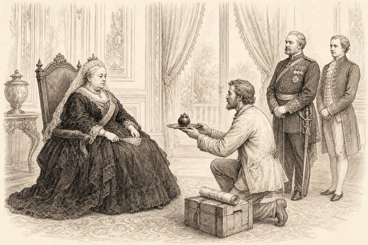 The legend of the impatient queen — a single mangosteen presented to Queen Victoria at court by a traveller newly returned from the tropics; the tale, told honestly, has no documentary proof.
