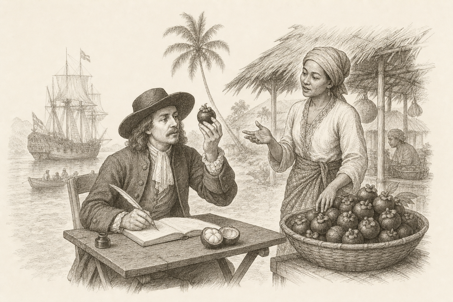 A colonial-era Dutch East India Company naturalist in a Maluku island market examining a mangosteen and recording it in his notebook while a Malay fruit-seller looks on — the moment Europe first documented the Queen of Fruits.