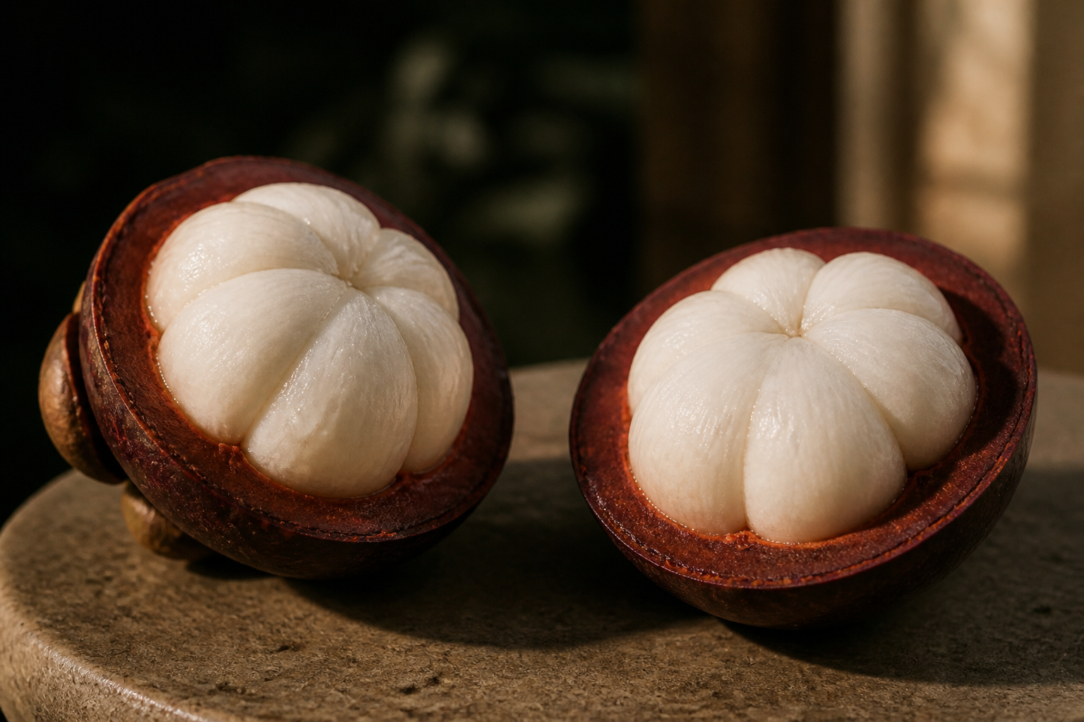 A single mangosteen split in half in warm low light — the thick medicinal purple rind cradling the sweet white segments.