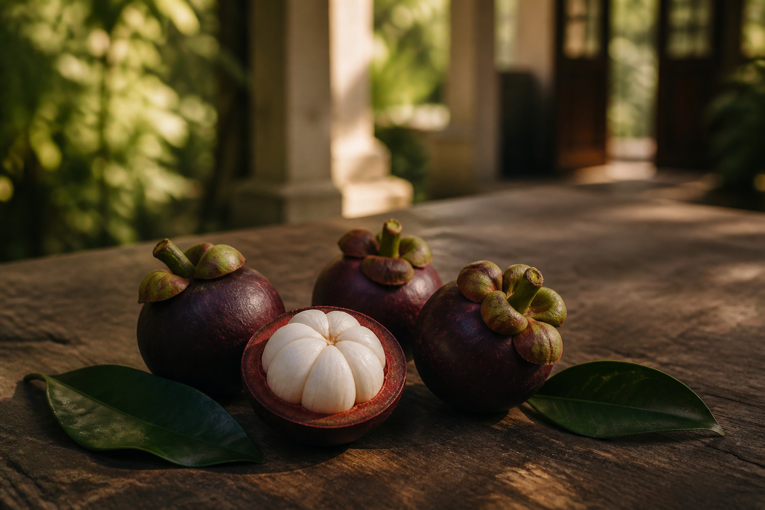 Fresh mangosteens on dark teak, one split open to reveal the ring of pure white flesh cradled in its thick deep-purple rind.