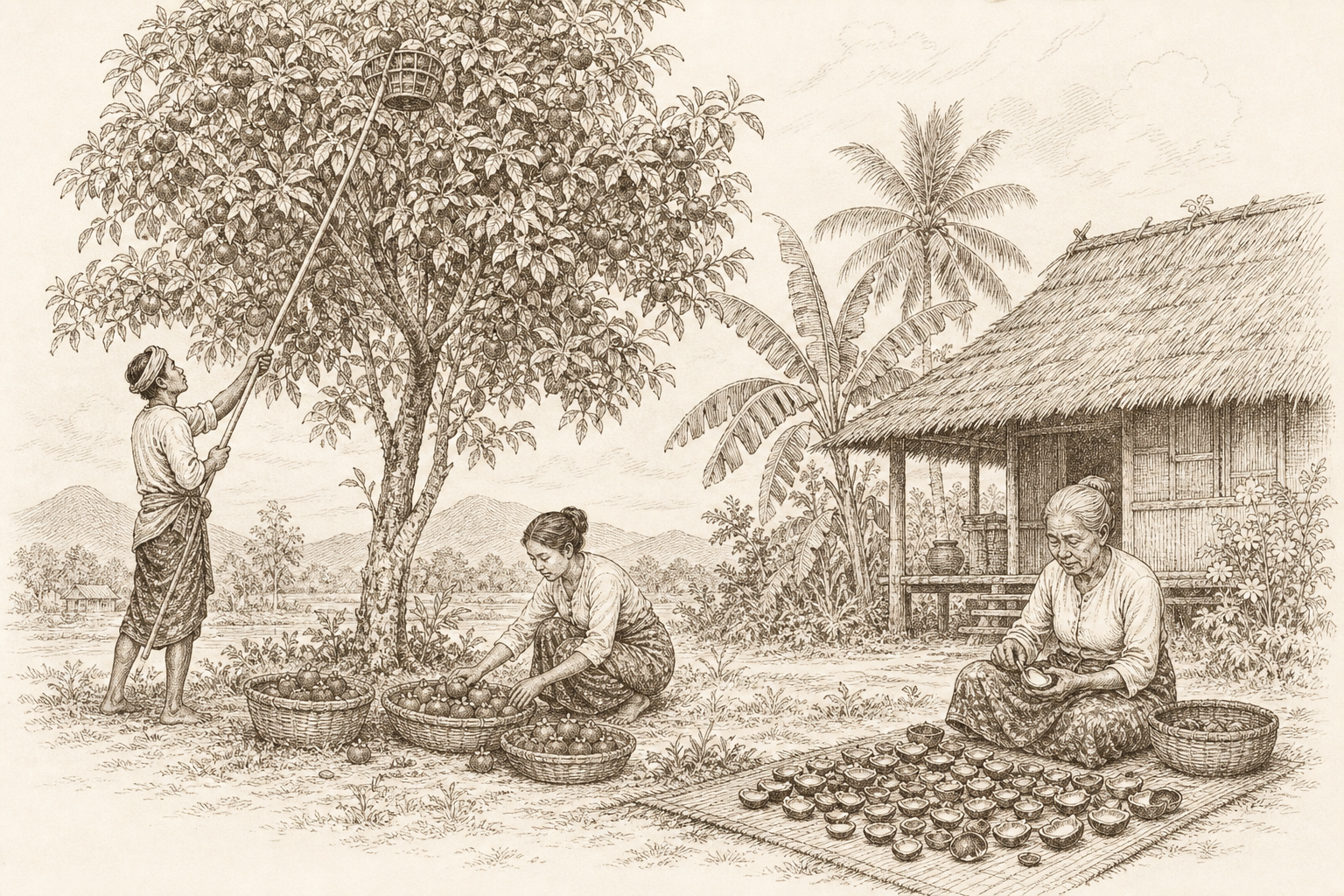 A Thai and Malay orchard at harvest — pickers gathering mangosteens from a tall tree with a long pole while an elder splits open fruit and lays the empty purple rinds out to dry for medicine, the healer's half of the fruit.
