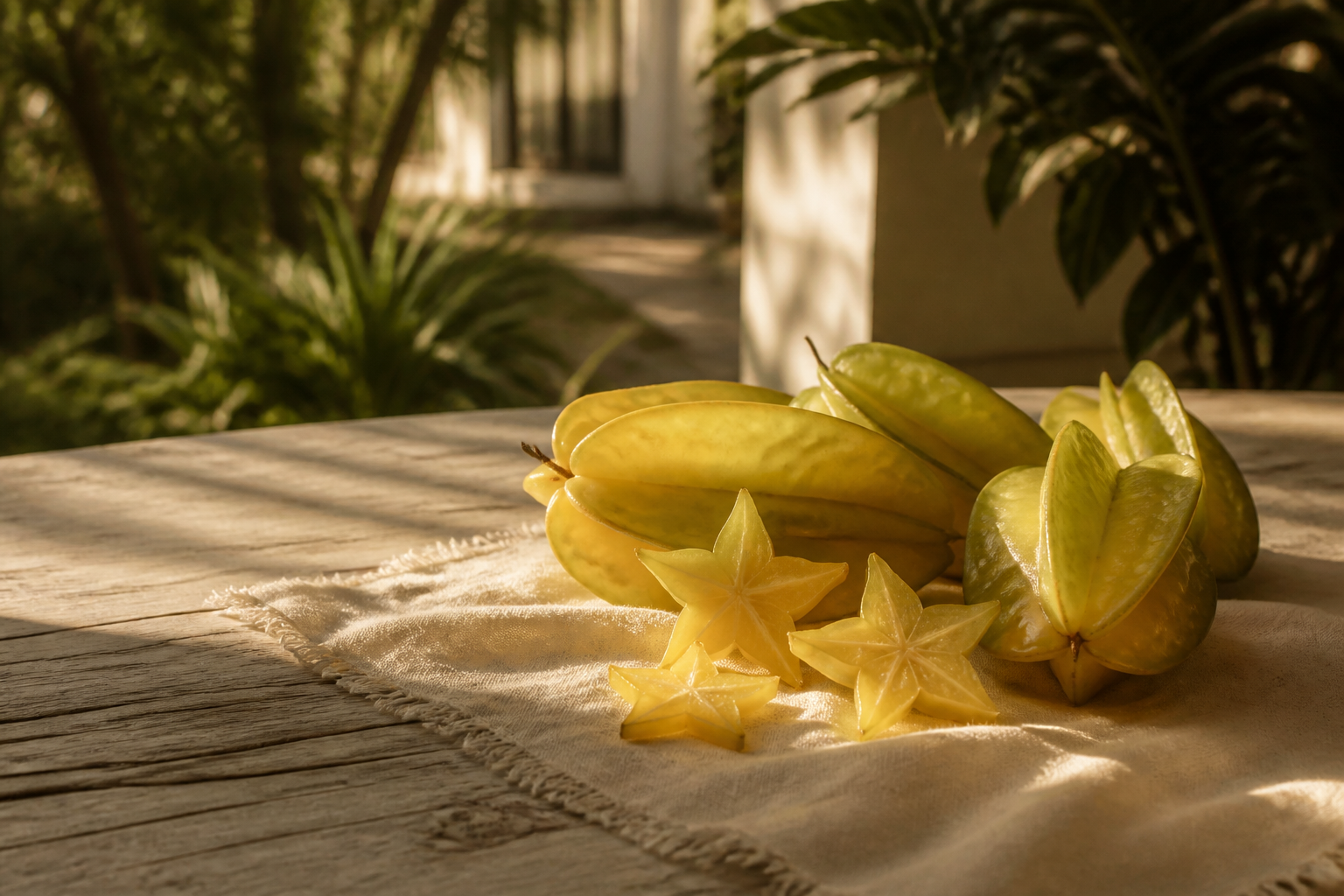 Whole starfruit and translucent five-pointed cross-section slices in golden afternoon light on pale linen.