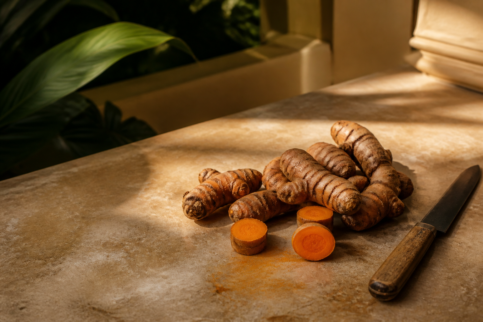 Whole and cut fresh turmeric rhizomes on a warm stone surface in low golden light, the vivid saffron-orange flesh glowing, a faint gold stain beside a simple knife.