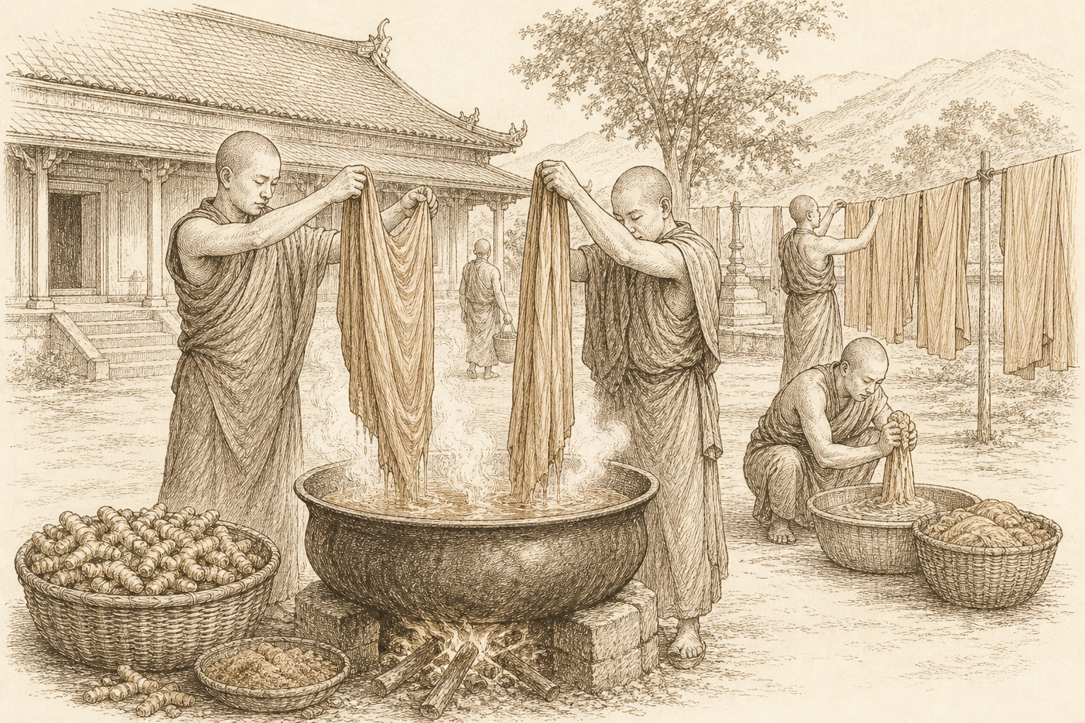 A sepia narrative engraving of Buddhist monks lifting cloth from a steaming vat of turmeric dye and hanging the robes to dry saffron-gold in a monastery courtyard — the origin of the saffron robe.