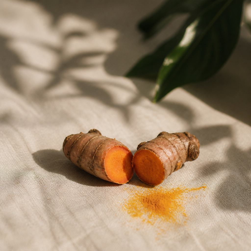 A fresh turmeric rhizome snapped in half on pale linen, its intense saffron-orange interior glowing, a smear of gold pigment on the cloth beside it.