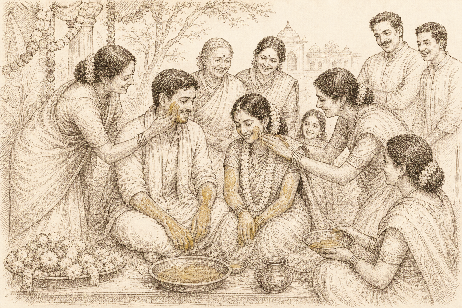 A sepia narrative engraving of a haldi ceremony — family smearing turmeric paste on a seated bride and groom before their wedding, brass bowls of golden paste and marigolds around them.