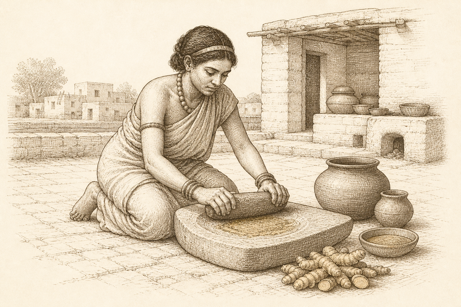 A sepia narrative engraving of a woman in the ancient Indus Valley grinding turmeric on a stone quern beside clay pots — the earliest known kitchen use of the spice, around 2500 BCE.